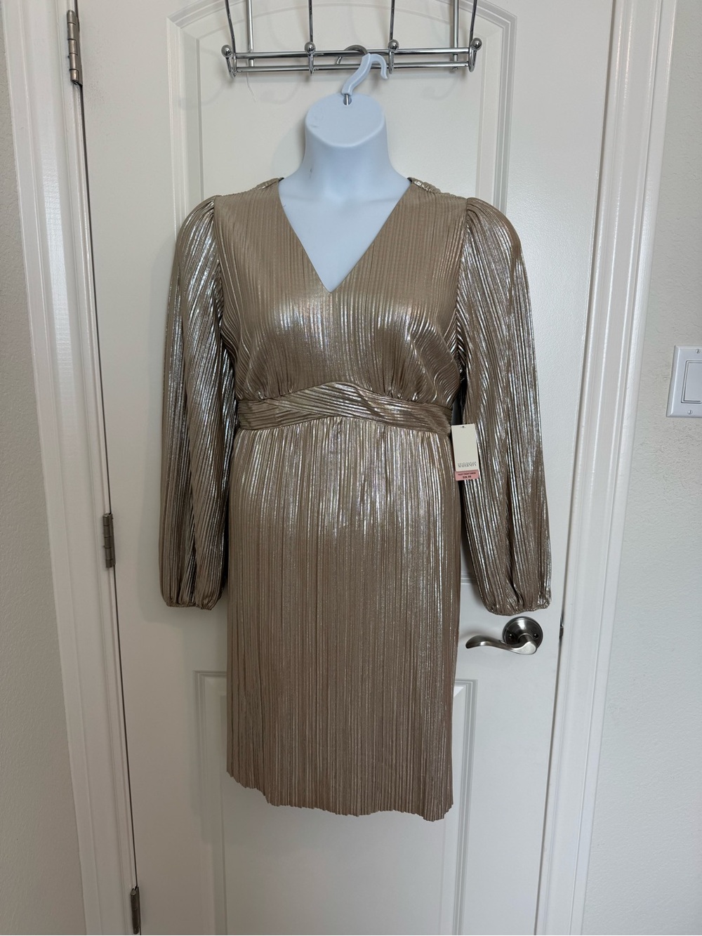 Destination Maternity Metallic Gold Pleated V-Neck Maternity Dress